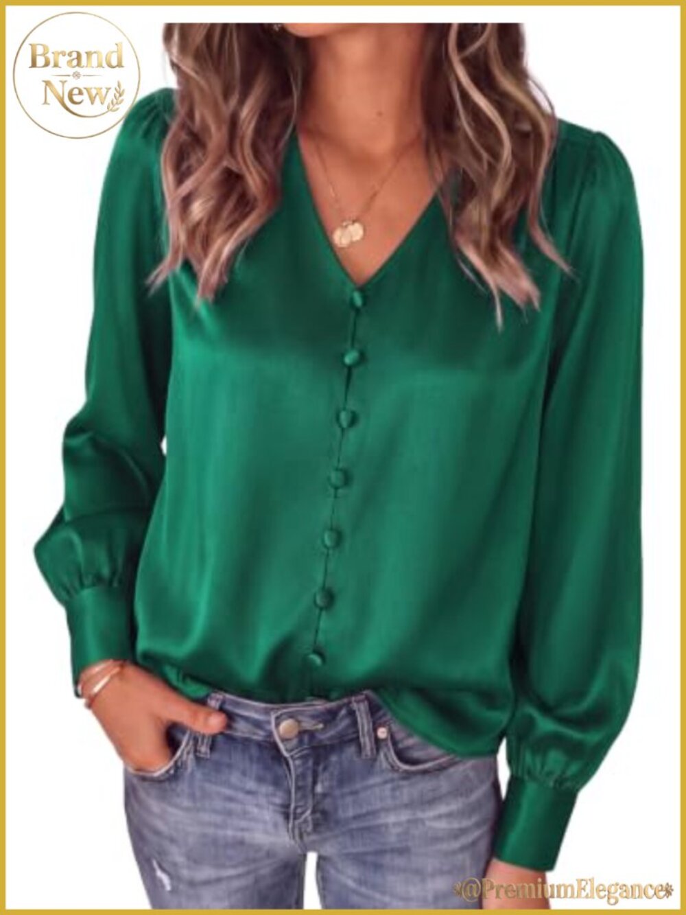 Satin V-Neck Lantern Sleeve Blouse Loose Fit Pullover Top